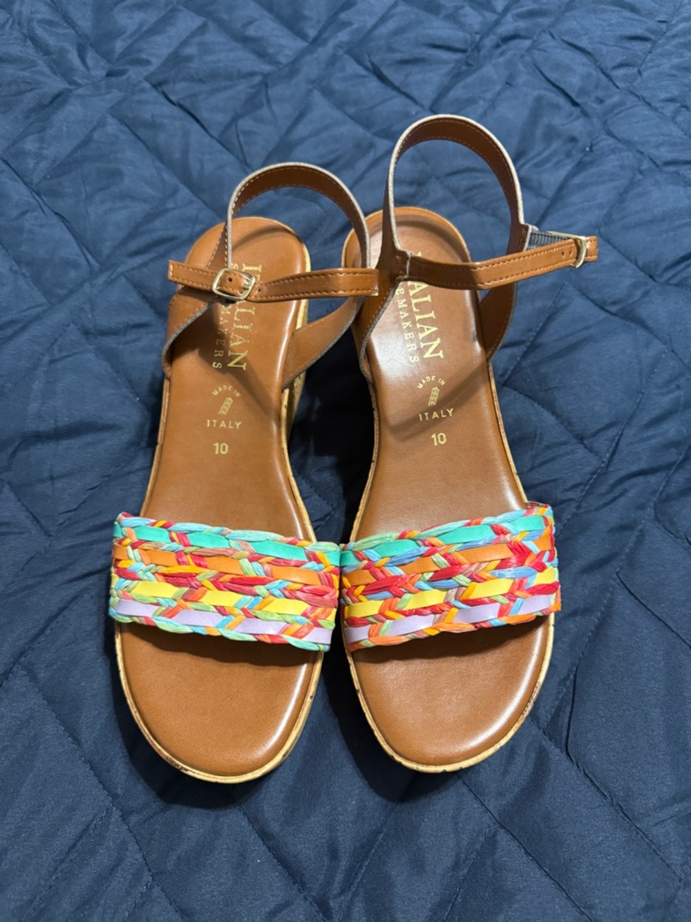 Sandals -Italian Shoemakers Tan Leather Sandals with Multicolor Braided Strap